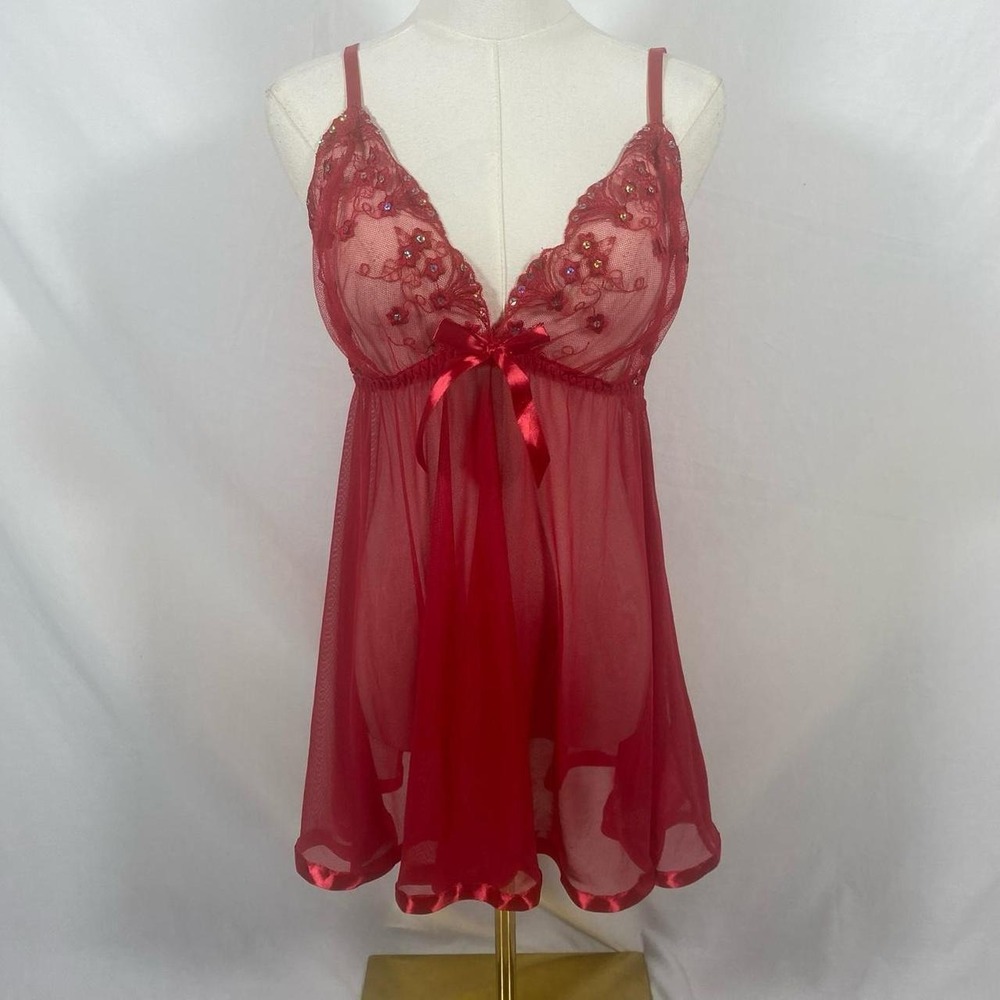 Red sheer lingerie slip top lace sequins size xl coquette dainty babydoll